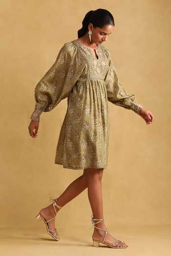 Ritu Kumar_Green Viscose Embroidery Split V-neck Floral Print And Dress _Online_at_Aza_Fashions