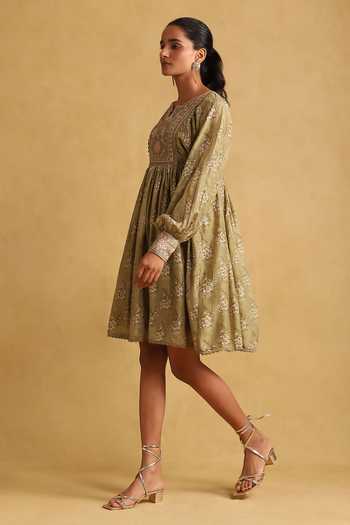 Buy_Ritu Kumar_Green Viscose Embroidery Split V-neck Floral Print And Dress _Online_at_Aza_Fashions