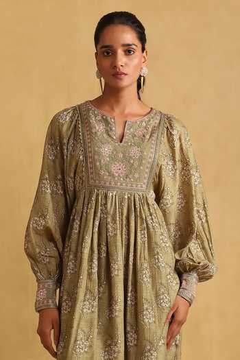 Shop_Ritu Kumar_Green Viscose Embroidery Split V-neck Floral Print And Dress _Online_at_Aza_Fashions