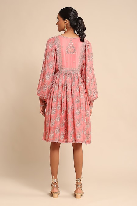 Shop Ritu Kumar Pink Viscose Embroidery Split V-neck Floral Print And Short Dress at Aza Fashions Shop_Ritu Kumar_Pink Viscose Embroidery Split V-neck Floral Print And Short Dress _at_Aza_Fashions