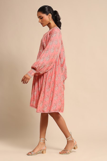 Ritu Kumar Pink Viscose Embroidery Split V-neck Floral Print And Short Dress Online at Aza Fashions Ritu Kumar_Pink Viscose Embroidery Split V-neck Floral Print And Short Dress _Online_at_Aza_Fashions