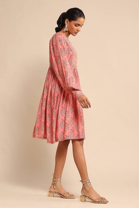 Buy Ritu Kumar Pink Viscose Embroidery Split V-neck Floral Print And Short Dress Online at Aza Fashions Buy_Ritu Kumar_Pink Viscose Embroidery Split V-neck Floral Print And Short Dress _Online_at_Aza_Fashions