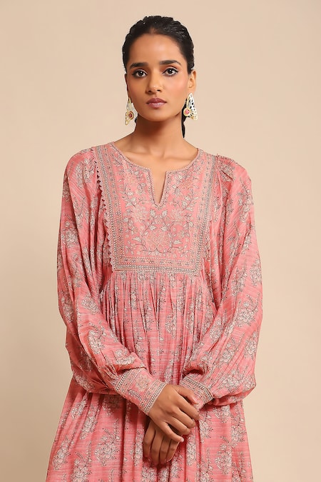 Shop Ritu Kumar Pink Viscose Embroidery Split V-neck Floral Print And Short Dress Online at Aza Fashions Shop_Ritu Kumar_Pink Viscose Embroidery Split V-neck Floral Print And Short Dress _Online_at_Aza_Fashions