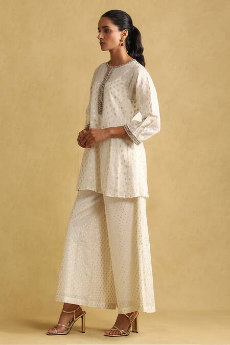 Ritu Kumar Off White Cotton, Silk Embroidery Round Neck Short Kurta And Palazzo Set Online at Aza Fashions Ritu Kumar_Off White Cotton, Silk Embroidery Round Neck Short Kurta And Palazzo Set _Online_at_Aza_Fashions