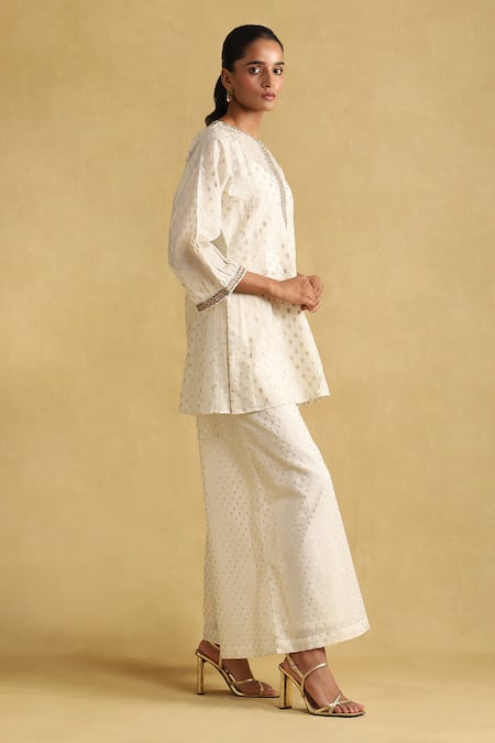 Buy Ritu Kumar Off White Cotton, Silk Embroidery Round Neck Short Kurta And Palazzo Set Online at Aza Fashions Buy_Ritu Kumar_Off White Cotton, Silk Embroidery Round Neck Short Kurta And Palazzo Set _Online_at_Aza_Fashions