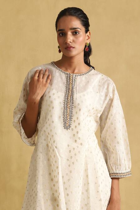 Shop Ritu Kumar Off White Cotton, Silk Embroidery Round Neck Short Kurta And Palazzo Set Online at Aza Fashions Shop_Ritu Kumar_Off White Cotton, Silk Embroidery Round Neck Short Kurta And Palazzo Set _Online_at_Aza_Fashions