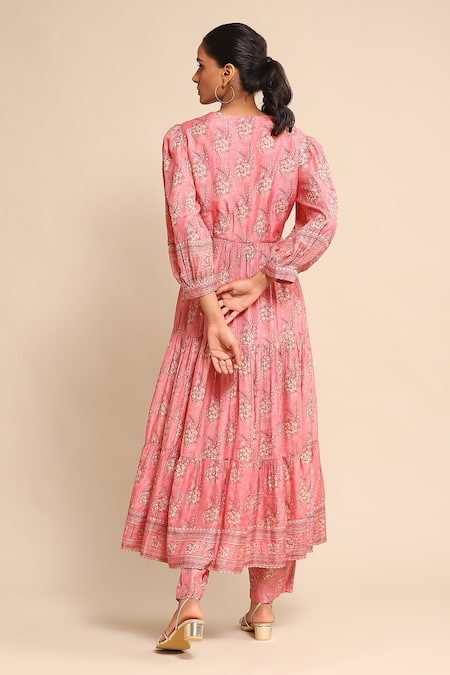 Shop Ritu Kumar Pink Viscose Embroidery V-neck Floral Print Tiered Anarkali And Pant Set at Aza Fashions Shop_Ritu Kumar_Pink Viscose Embroidery V-neck Floral Print Tiered Anarkali And Pant Set _at_Aza_Fashions