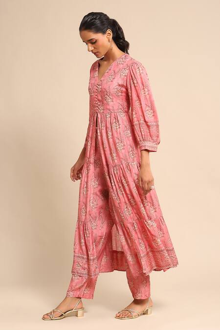 Ritu Kumar Pink Viscose Embroidery V-neck Floral Print Tiered Anarkali And Pant Set Online at Aza Fashions Ritu Kumar_Pink Viscose Embroidery V-neck Floral Print Tiered Anarkali And Pant Set _Online_at_Aza_Fashions