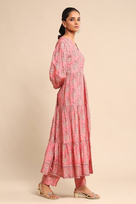 Buy Ritu Kumar Pink Viscose Embroidery V-neck Floral Print Tiered Anarkali And Pant Set Online at Aza Fashions Buy_Ritu Kumar_Pink Viscose Embroidery V-neck Floral Print Tiered Anarkali And Pant Set _Online_at_Aza_Fashions