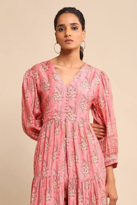 Shop Ritu Kumar Pink Viscose Embroidery V-neck Floral Print Tiered Anarkali And Pant Set Online at Aza Fashions Shop_Ritu Kumar_Pink Viscose Embroidery V-neck Floral Print Tiered Anarkali And Pant Set _Online_at_Aza_Fashions