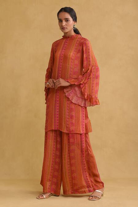 Ritu Kumar_Pink Viscose Embroidery Mandarin Collar Colorblock Printed Kurta And Palazzo Set_Online_at_Aza_Fashions