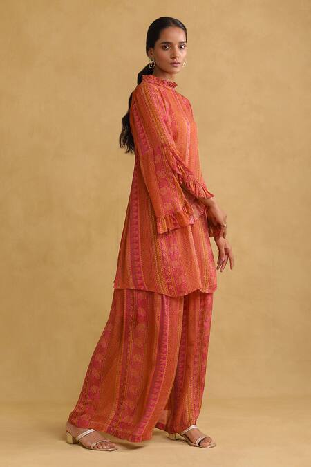 Buy_Ritu Kumar_Pink Viscose Embroidery Mandarin Collar Colorblock Printed Kurta And Palazzo Set_Online_at_Aza_Fashions