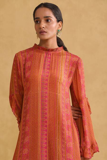Shop_Ritu Kumar_Pink Viscose Embroidery Mandarin Collar Colorblock Printed Kurta And Palazzo Set_Online_at_Aza_Fashions