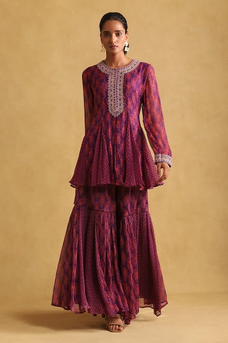 Ritu Kumar Purple Chiffon Printed Floral Round Peplum Kurta And Sharara Set 