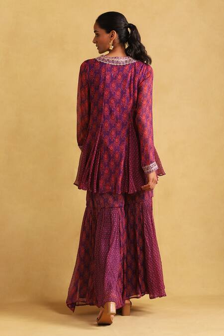 Shop Ritu Kumar Purple Chiffon Embroidery Round Neck Floral Print Peplum Kurta And Sharara Set at Aza Fashions Shop_Ritu Kumar_Purple Chiffon Embroidery Round Neck Floral Print Peplum Kurta And Sharara Set_at_Aza_Fashions