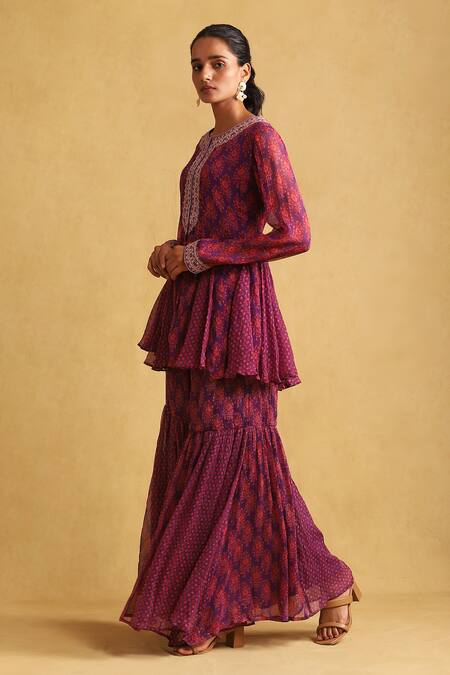 Ritu Kumar Purple Chiffon Embroidery Round Neck Floral Print Peplum Kurta And Sharara Set Online at Aza Fashions Ritu Kumar_Purple Chiffon Embroidery Round Neck Floral Print Peplum Kurta And Sharara Set_Online_at_Aza_Fashions