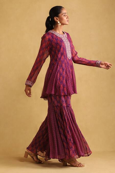 Buy Ritu Kumar Purple Chiffon Embroidery Round Neck Floral Print Peplum Kurta And Sharara Set Online at Aza Fashions Buy_Ritu Kumar_Purple Chiffon Embroidery Round Neck Floral Print Peplum Kurta And Sharara Set_Online_at_Aza_Fashions