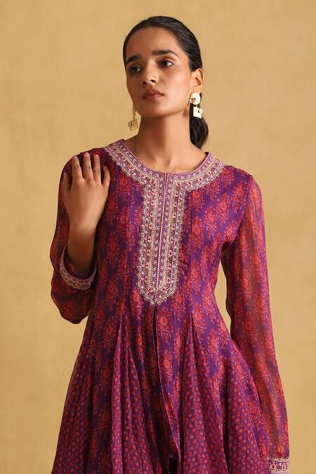 Shop Ritu Kumar Purple Chiffon Embroidery Round Neck Floral Print Peplum Kurta And Sharara Set Online at Aza Fashions Shop_Ritu Kumar_Purple Chiffon Embroidery Round Neck Floral Print Peplum Kurta And Sharara Set_Online_at_Aza_Fashions