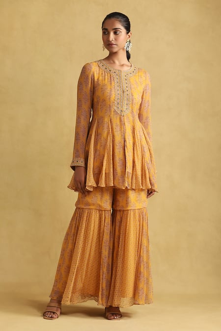 Ritu Kumar Floral Bloom Print Peplum Kurta & Sharara Set