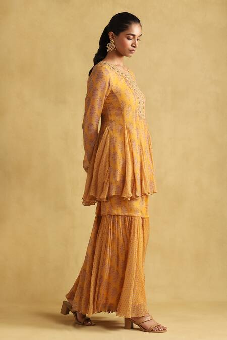 Buy Ritu Kumar Yellow Chiffon Embroidery Round Floral Bloom Print Peplum Kurta And Sharara Set Online at Aza Fashions Buy_Ritu Kumar_Yellow Chiffon Embroidery Round Floral Bloom Print Peplum Kurta And Sharara Set_Online_at_Aza_Fashions