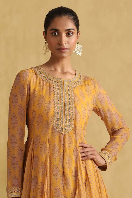 Shop Ritu Kumar Yellow Chiffon Embroidery Round Floral Bloom Print Peplum Kurta And Sharara Set Online at Aza Fashions Shop_Ritu Kumar_Yellow Chiffon Embroidery Round Floral Bloom Print Peplum Kurta And Sharara Set_Online_at_Aza_Fashions