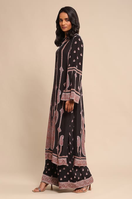 Ritu Kumar_Black Crepe Embroidery Bandeau Neck Paisley Print Kurta And Palazzo Set _Online_at_Aza_Fashions