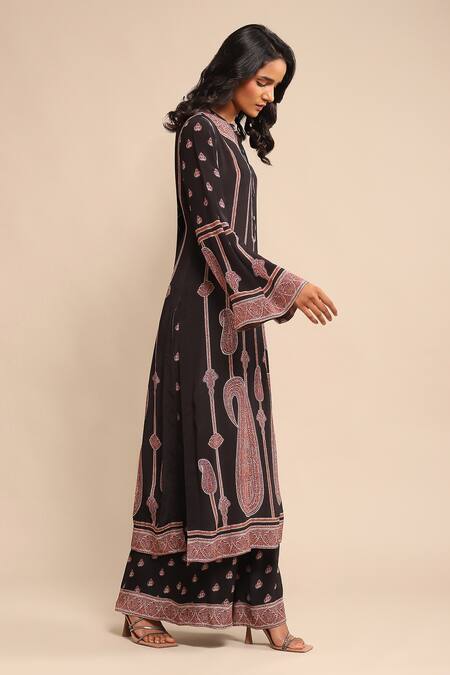 Buy_Ritu Kumar_Black Crepe Embroidery Bandeau Neck Paisley Print Kurta And Palazzo Set _Online_at_Aza_Fashions