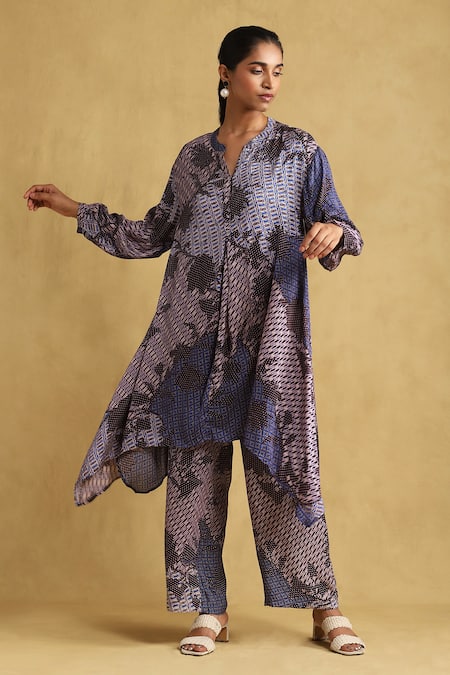 Ritu Kumar Blue Viscose Printed Chinese Collar Micro Asymmetric Kurta And Palazzo Set 