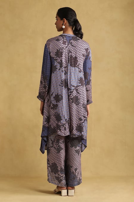 Shop Ritu Kumar Blue Viscose Mandarin Collar Micro Print Asymmetric Kurta And Palazzo Set at Aza Fashions Shop_Ritu Kumar_Blue Viscose Mandarin Collar Micro Print Asymmetric Kurta And Palazzo Set _at_Aza_Fashions