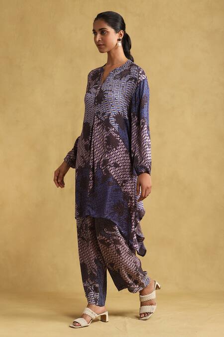 Ritu Kumar Blue Viscose Mandarin Collar Micro Print Asymmetric Kurta And Palazzo Set Online at Aza Fashions Ritu Kumar_Blue Viscose Mandarin Collar Micro Print Asymmetric Kurta And Palazzo Set _Online_at_Aza_Fashions