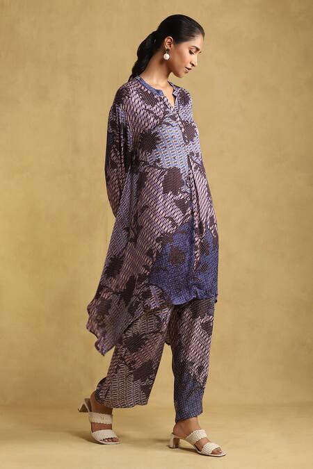 Buy Ritu Kumar Blue Viscose Mandarin Collar Micro Print Asymmetric Kurta And Palazzo Set Online at Aza Fashions Buy_Ritu Kumar_Blue Viscose Mandarin Collar Micro Print Asymmetric Kurta And Palazzo Set _Online_at_Aza_Fashions