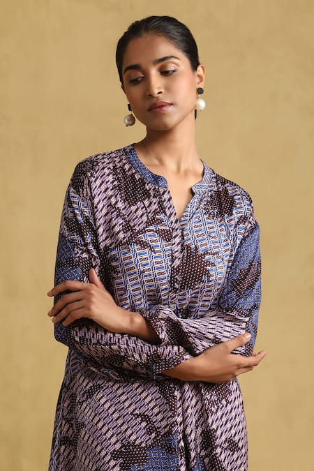 Shop Ritu Kumar Blue Viscose Mandarin Collar Micro Print Asymmetric Kurta And Palazzo Set Online at Aza Fashions Shop_Ritu Kumar_Blue Viscose Mandarin Collar Micro Print Asymmetric Kurta And Palazzo Set _Online_at_Aza_Fashions