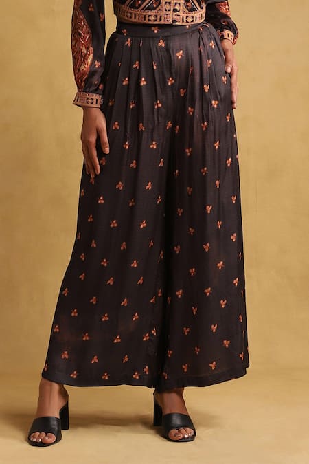 Ritu Kumar_Black Satin Mandarin Collar Floral Print Jacket And Palazzo Set _Online_at_Aza_Fashions