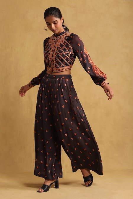 Buy_Ritu Kumar_Black Satin Mandarin Collar Floral Print Jacket And Palazzo Set _Online_at_Aza_Fashions