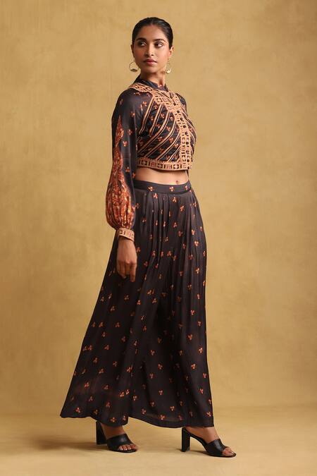 Shop_Ritu Kumar_Black Satin Mandarin Collar Floral Print Jacket And Palazzo Set _Online_at_Aza_Fashions