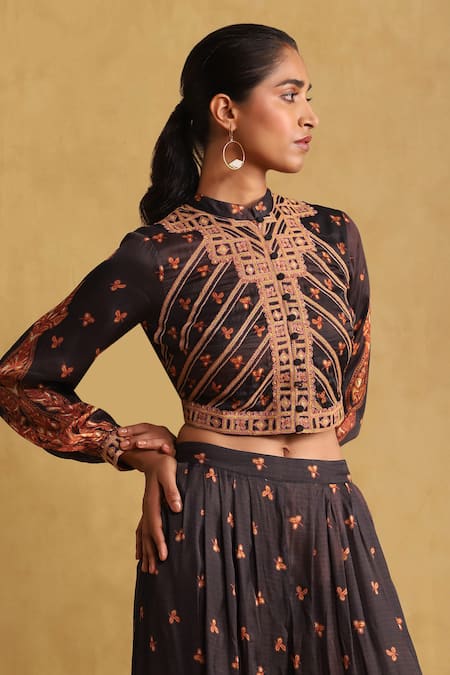 Ritu Kumar_Black Satin Mandarin Collar Floral Print Jacket And Palazzo Set _at_Aza_Fashions