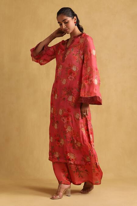 Ritu Kumar_Coral Viscose Embroidery Split V-neck Print Kurta With Palazzo _Online_at_Aza_Fashions