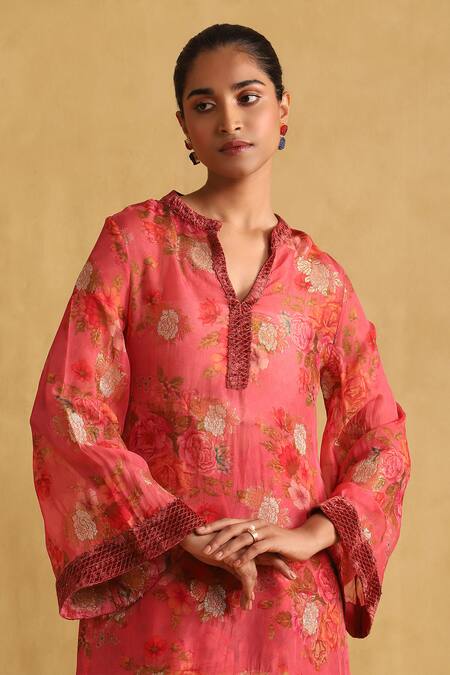Shop_Ritu Kumar_Coral Viscose Embroidery Split V-neck Print Kurta With Palazzo _Online_at_Aza_Fashions