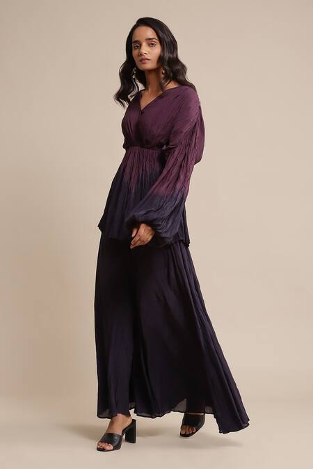 Ritu Kumar_Purple Viscose V-neck Ombre Peplum Kurta And Sharara Set_Online_at_Aza_Fashions