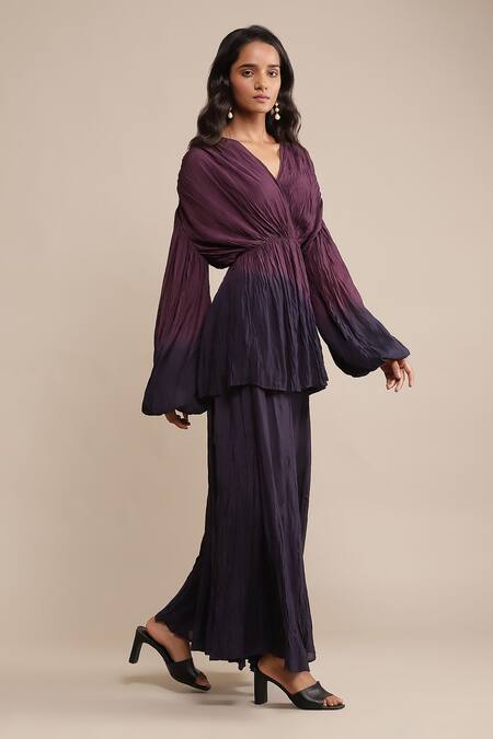 Buy_Ritu Kumar_Purple Viscose V-neck Ombre Peplum Kurta And Sharara Set_Online_at_Aza_Fashions