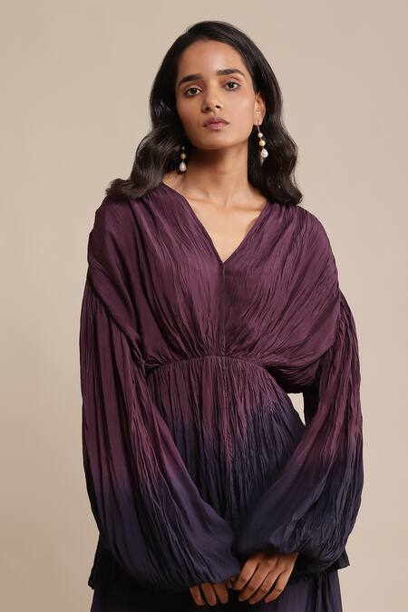 Shop_Ritu Kumar_Purple Viscose V-neck Ombre Peplum Kurta And Sharara Set_Online_at_Aza_Fashions