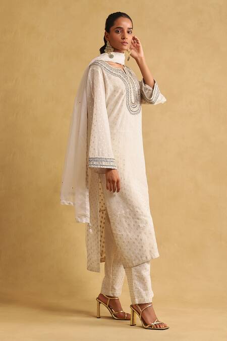 Buy_Ritu Kumar_Off White Cotton, Silk, Organza Embroidery, Tassels Split Kurta Palazzo Set _Online_at_Aza_Fashions