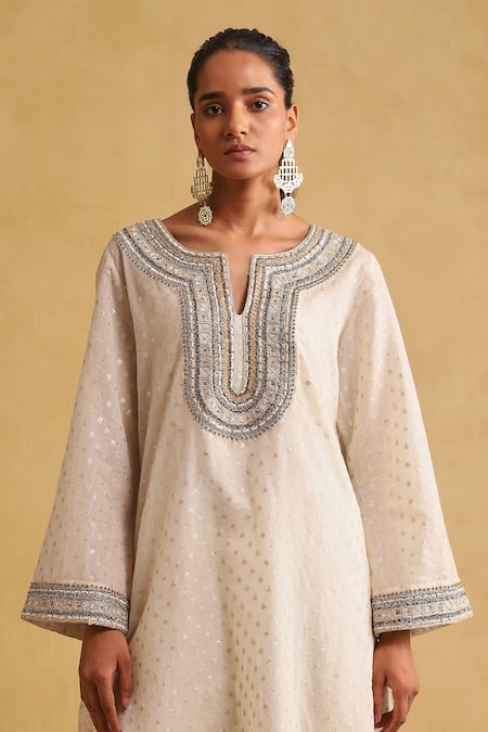 Shop_Ritu Kumar_Off White Cotton, Silk, Organza Embroidery, Tassels Split Kurta Palazzo Set _Online_at_Aza_Fashions