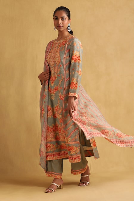Ritu Kumar_Green Cotton, Chanderi, Rayon Embroidery Round Floral Print Kurta Palazzo Set _Online_at_Aza_Fashions