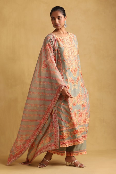 Buy_Ritu Kumar_Green Cotton, Chanderi, Rayon Embroidery Round Floral Print Kurta Palazzo Set _Online_at_Aza_Fashions
