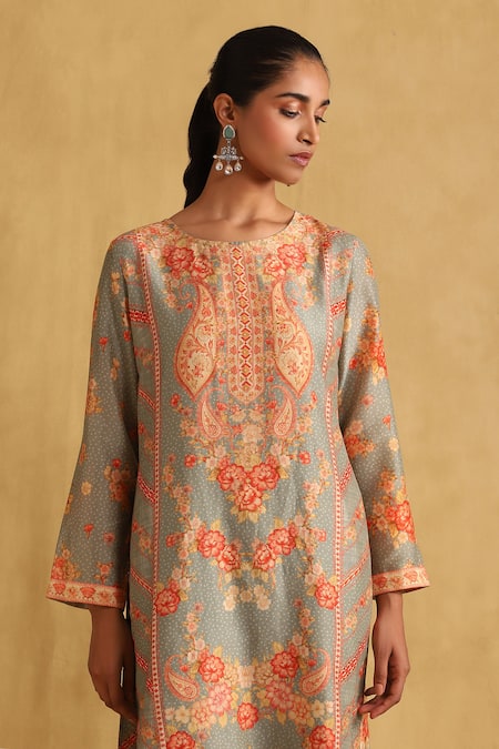 Shop_Ritu Kumar_Green Cotton, Chanderi, Rayon Embroidery Round Floral Print Kurta Palazzo Set _Online_at_Aza_Fashions