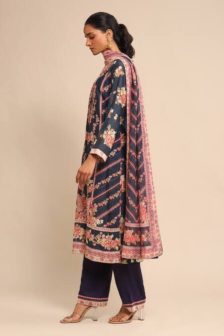 Ritu Kumar_Blue Cotton, Rayon Embroidery Round Neck Floral Bloom Print Kurta Pant Set_Online_at_Aza_Fashions