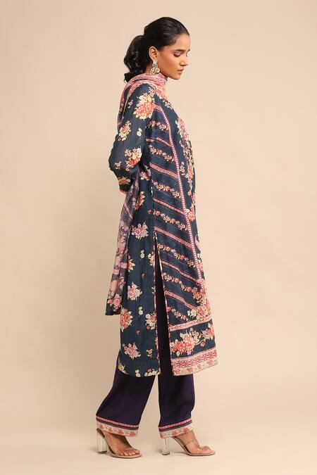 Buy_Ritu Kumar_Blue Cotton, Rayon Embroidery Round Neck Floral Bloom Print Kurta Pant Set_Online_at_Aza_Fashions