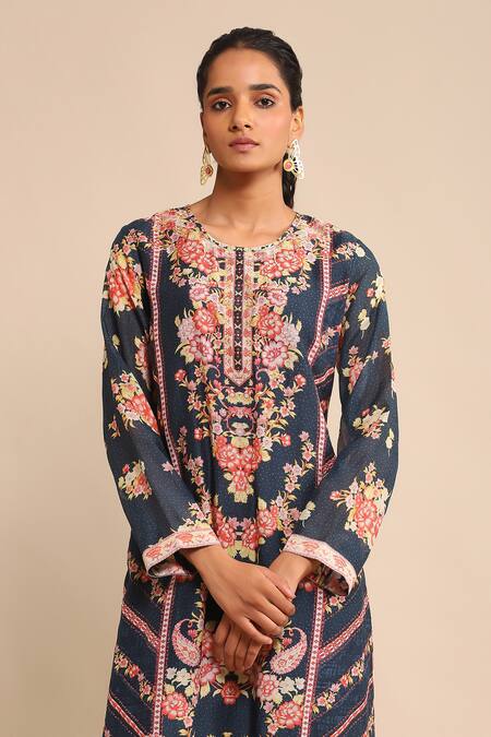 Shop_Ritu Kumar_Blue Cotton, Rayon Embroidery Round Neck Floral Bloom Print Kurta Pant Set_Online_at_Aza_Fashions