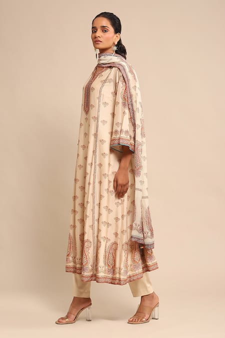 Ritu Kumar_Off White , Chanderi, Satin, Floral Print A-line Kurta Pant Set _Online_at_Aza_Fashions
